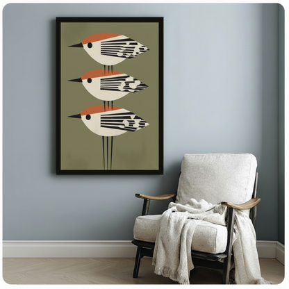 Retro Geometric Birds Trio Canvas Wall Art