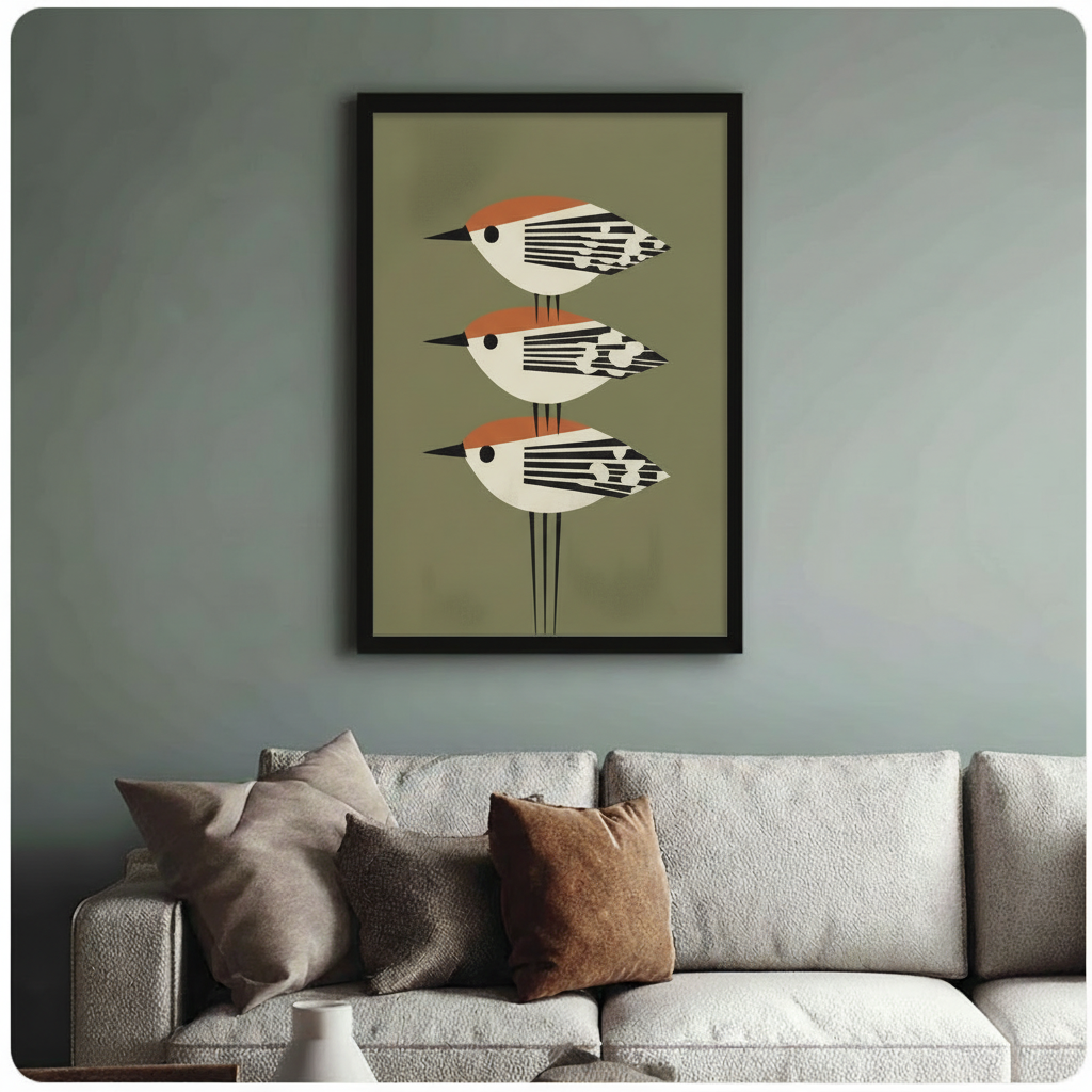 Retro Geometric Birds Trio Canvas Wall Art