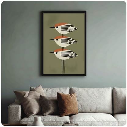 Retro Geometric Birds Trio Canvas Wall Art