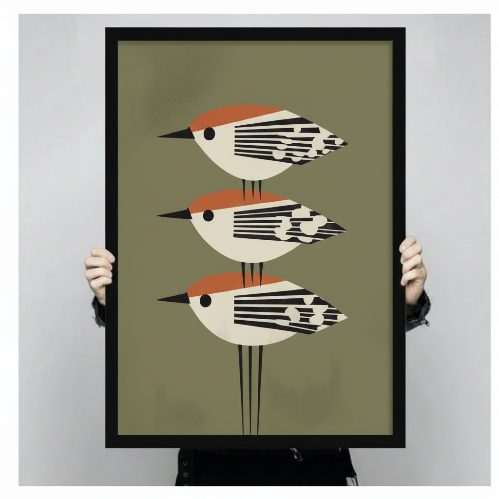Retro Geometric Birds Trio Canvas Wall Art
