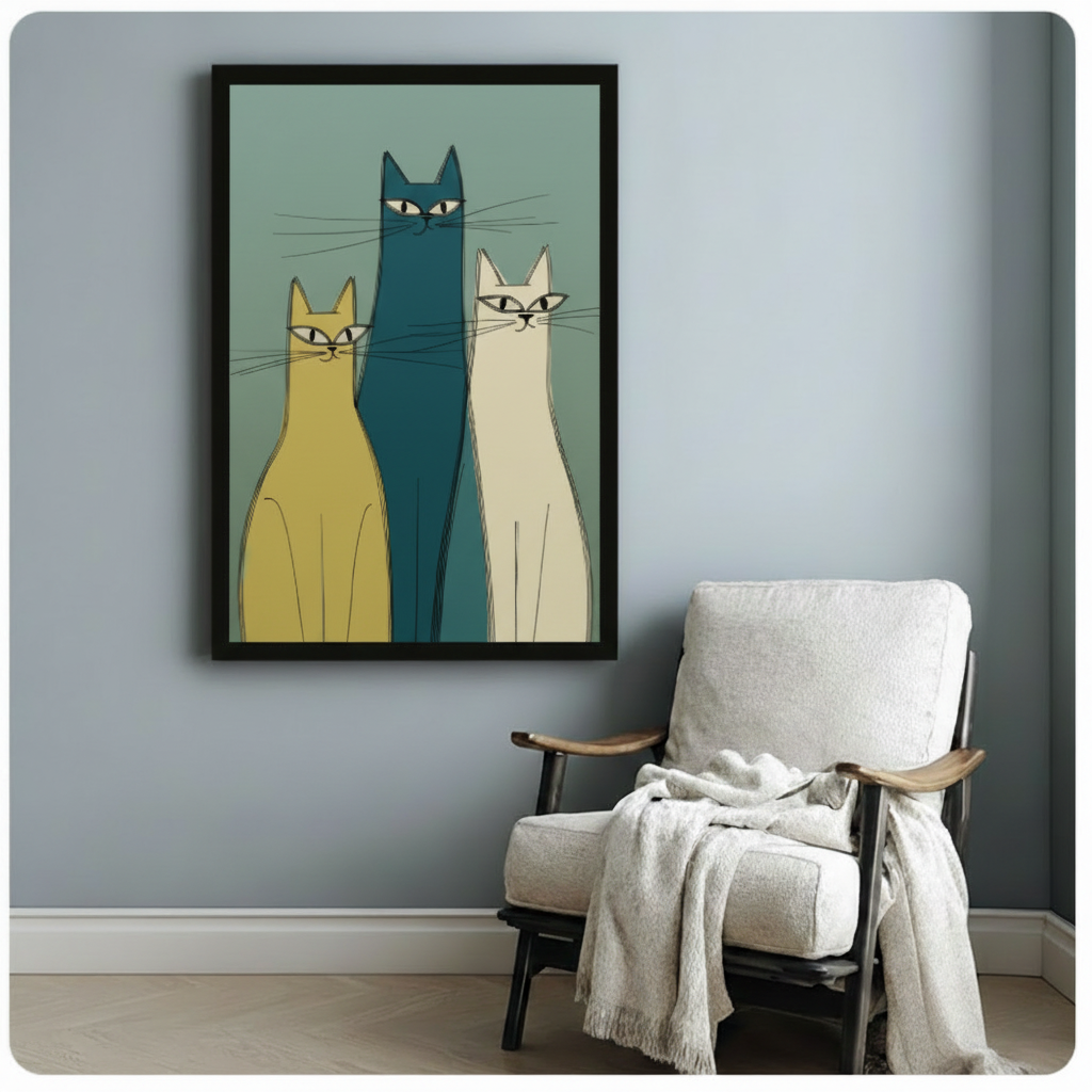 Mid-Century Modern Three Cats Canvas Wall Art