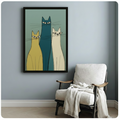 Mid-Century Modern Three Cats Canvas Wall Art
