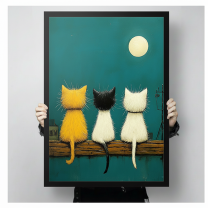 Three Cats Moonlight Folk Art Canvas Print Wall Art
