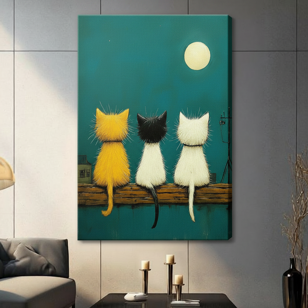 Three Cats Moonlight Folk Art Canvas Print Wall Art