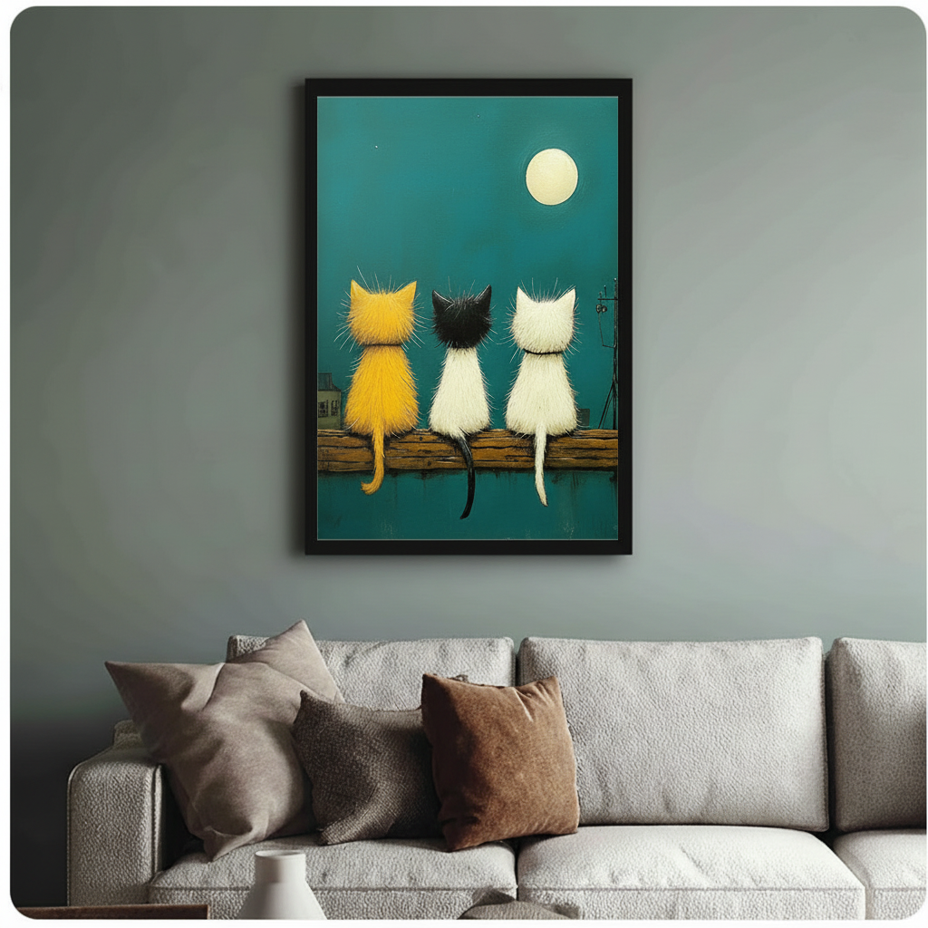 Three Cats Moonlight Folk Art Canvas Print Wall Art
