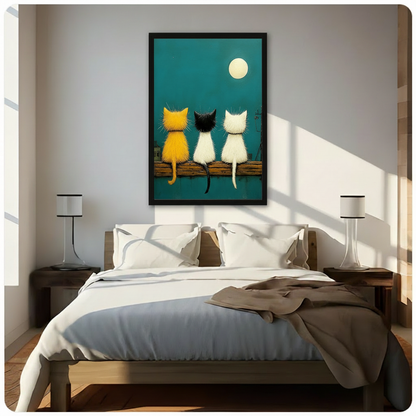 Three Cats Moonlight Folk Art Canvas Print Wall Art