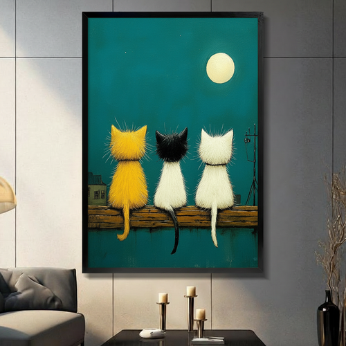 Three Cats Moonlight Folk Art Canvas Print Wall Art