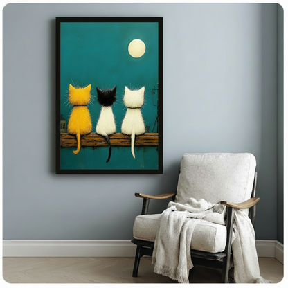 Three Cats Moonlight Folk Art Canvas Print Wall Art