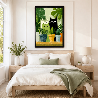 Whimsical Cats & Plants Framed Canvas Art Wall Art