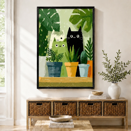 Whimsical Cats & Plants Framed Canvas Art Wall Art