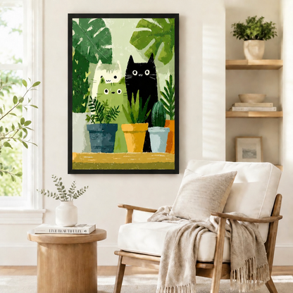 Whimsical Cats & Plants Framed Canvas Art Wall Art
