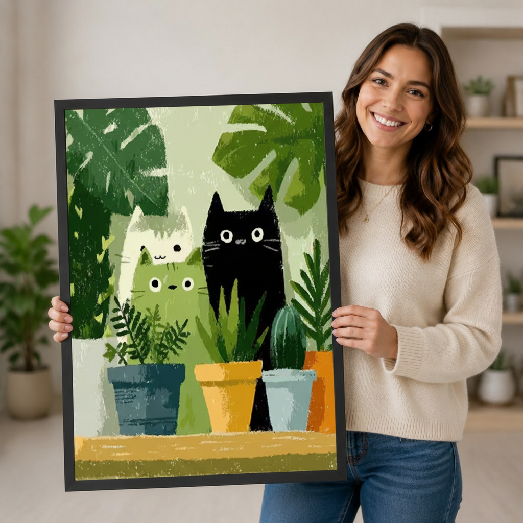 Whimsical Cats & Plants Framed Canvas Art Wall Art
