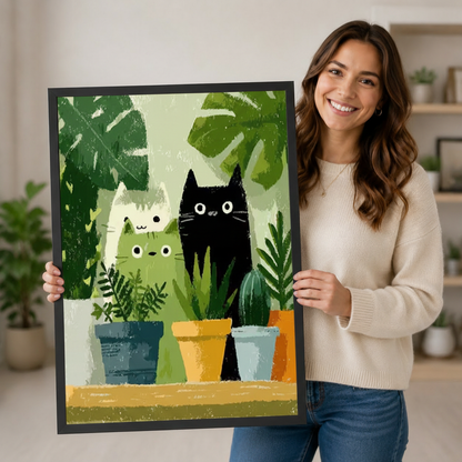 Whimsical Cats & Plants Framed Canvas Art Wall Art