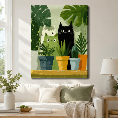 Whimsical Cats & Plants Framed Canvas Art Wall Art