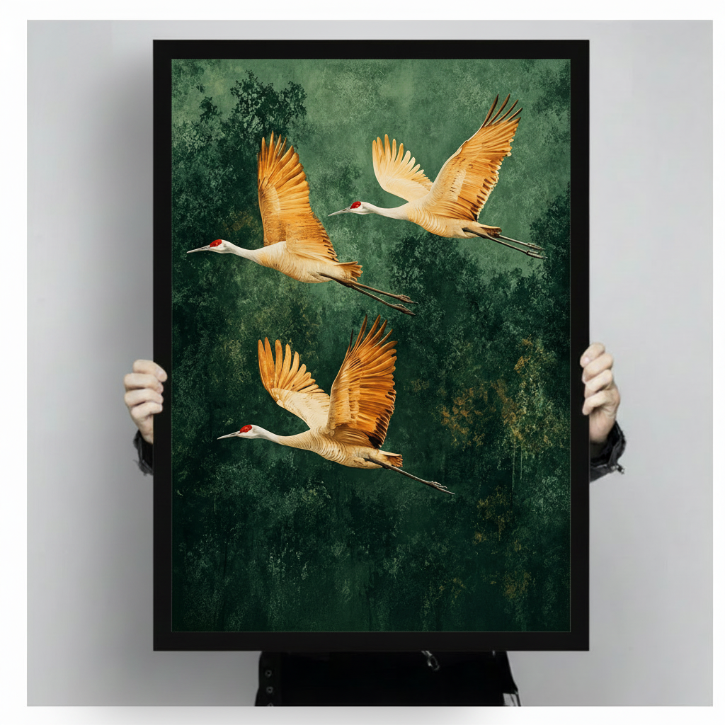Golden Cranes Forest Canvas Wall Art