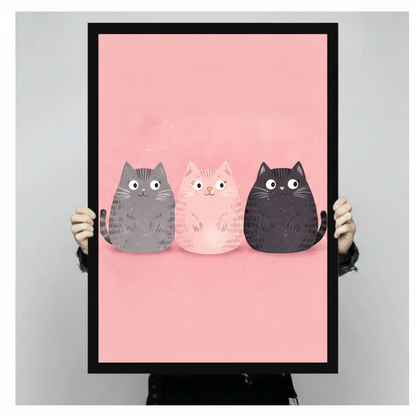 Cute Cat Trio Pink Kawaii Canvas Art Wall Art