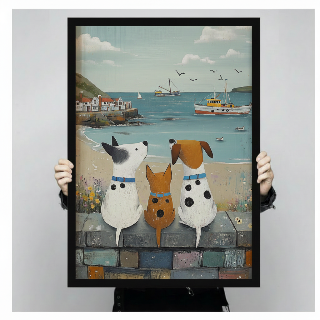 Coastal Dogs Watching Sea Framed Canvas Wall Art