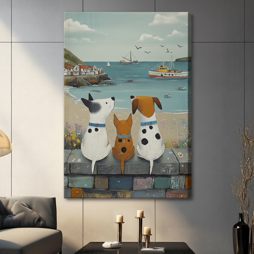 Coastal Dogs Watching Sea Framed Canvas Wall Art