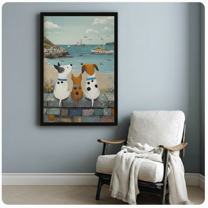 Coastal Dogs Watching Sea Framed Canvas Wall Art