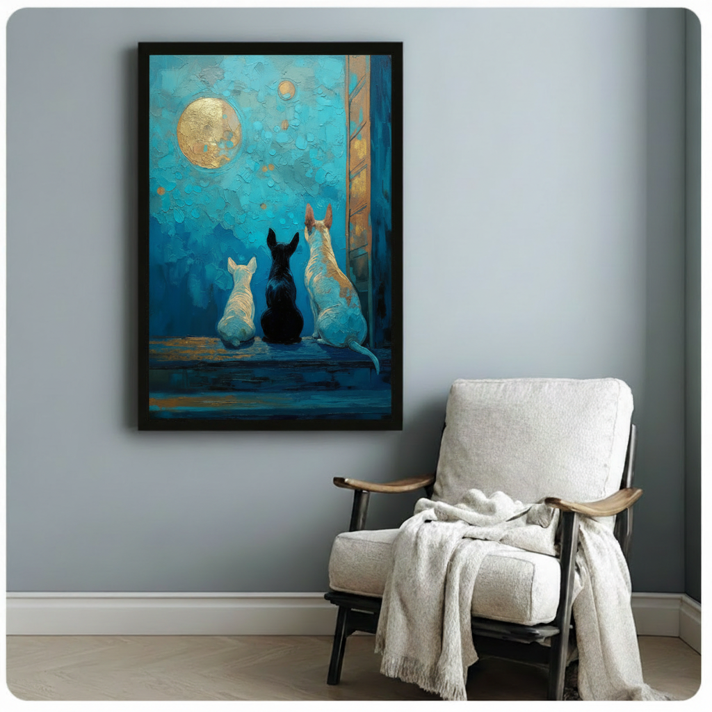 Three Dogs Moonlight Teal Oil Painting Canvas Art