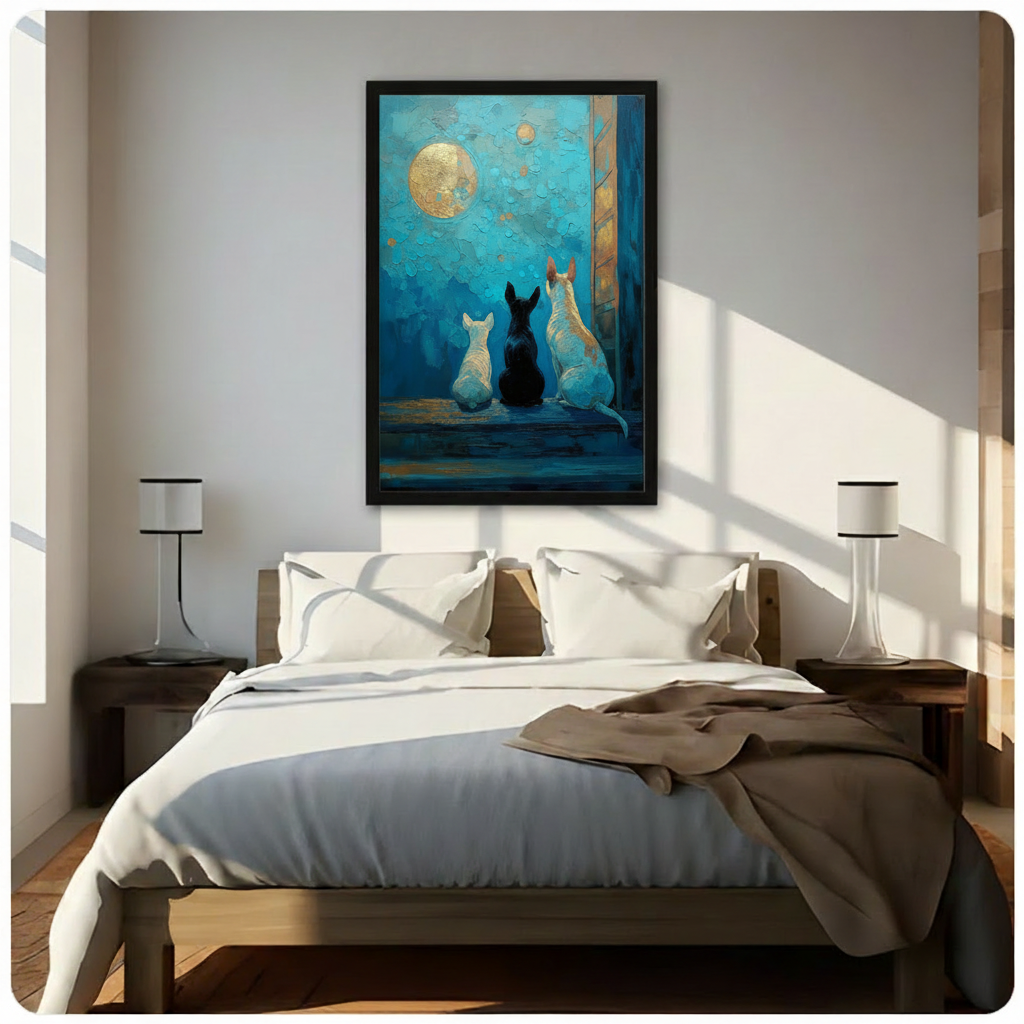 Three Dogs Moonlight Teal Oil Painting Canvas Art