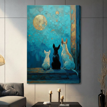 Three Dogs Moonlight Teal Oil Painting Canvas Art