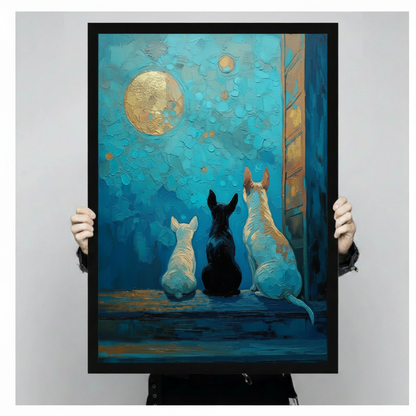 Three Dogs Moonlight Teal Oil Painting Canvas Art