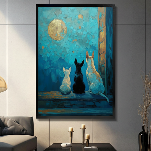 Three Dogs Moonlight Teal Oil Painting Canvas Art