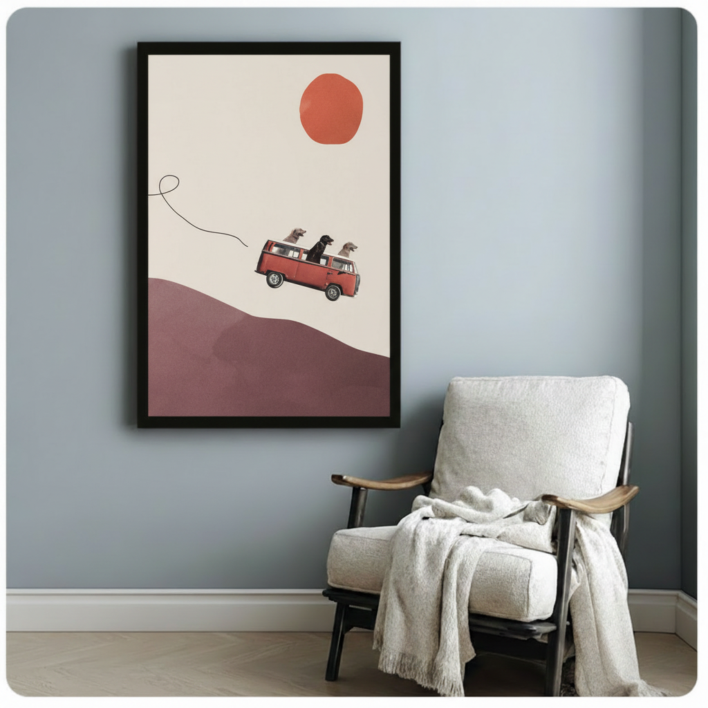 Three Dogs VW Van Desert Minimalist Collage Canvas