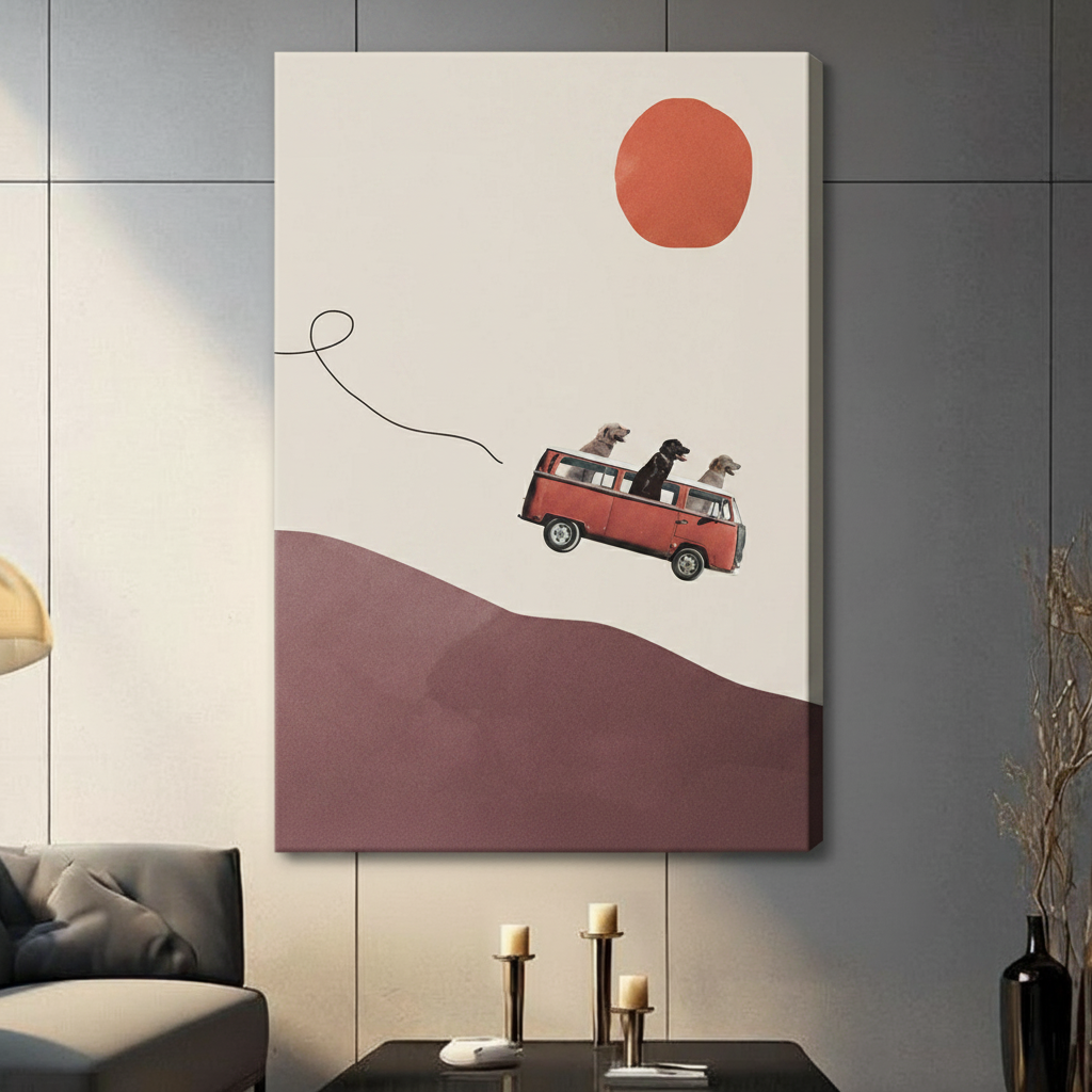 Three Dogs VW Van Desert Minimalist Collage Canvas