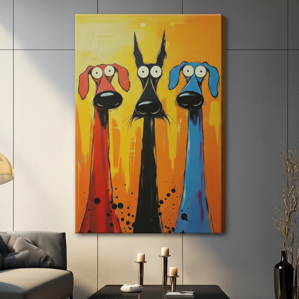 Funky Pop Art Three Dogs Canvas Wall Art
