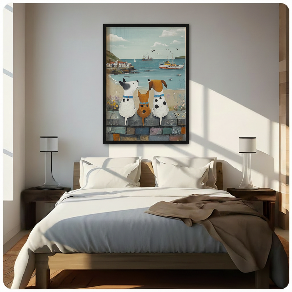 Coastal Dogs Watching Sea Framed Canvas Wall Art
