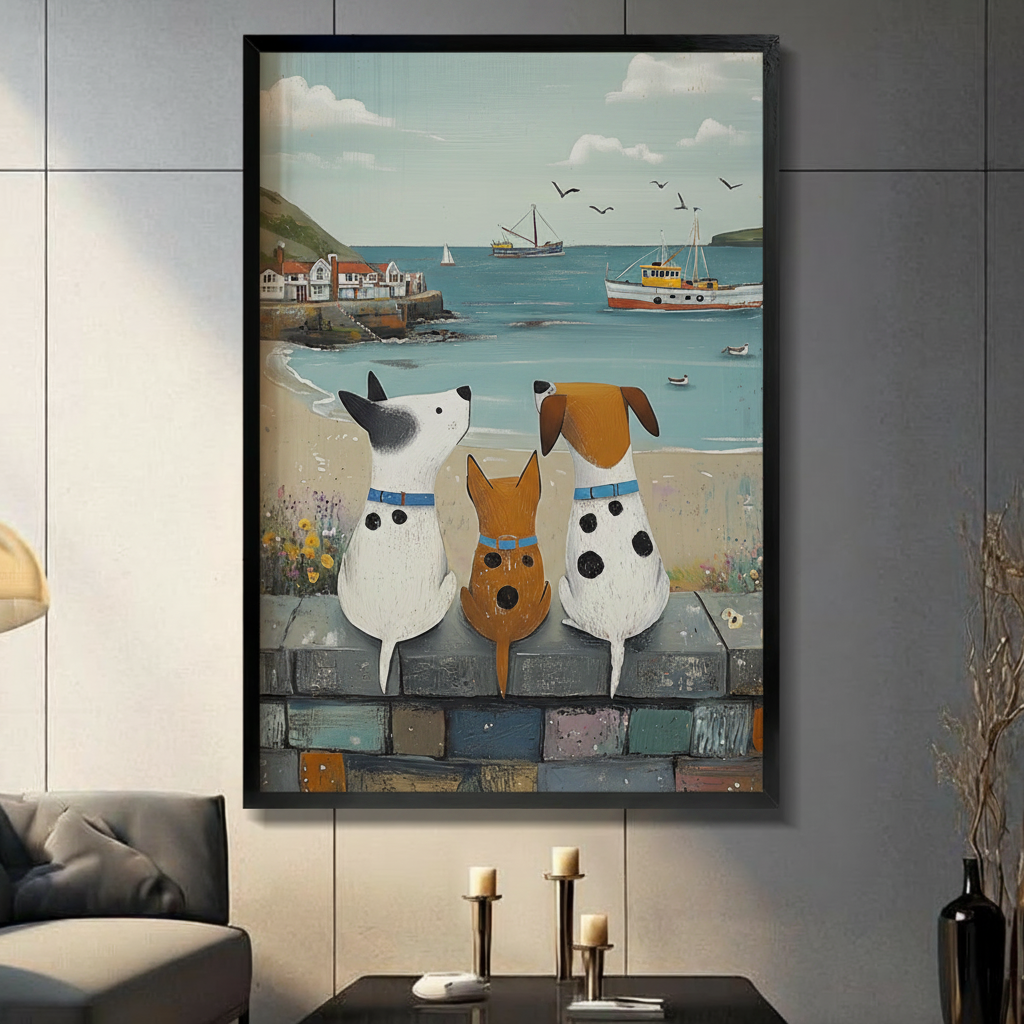 Coastal Dogs Watching Sea Framed Canvas Wall Art