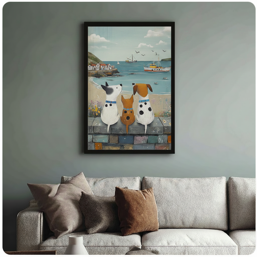 Coastal Dogs Watching Sea Framed Canvas Wall Art