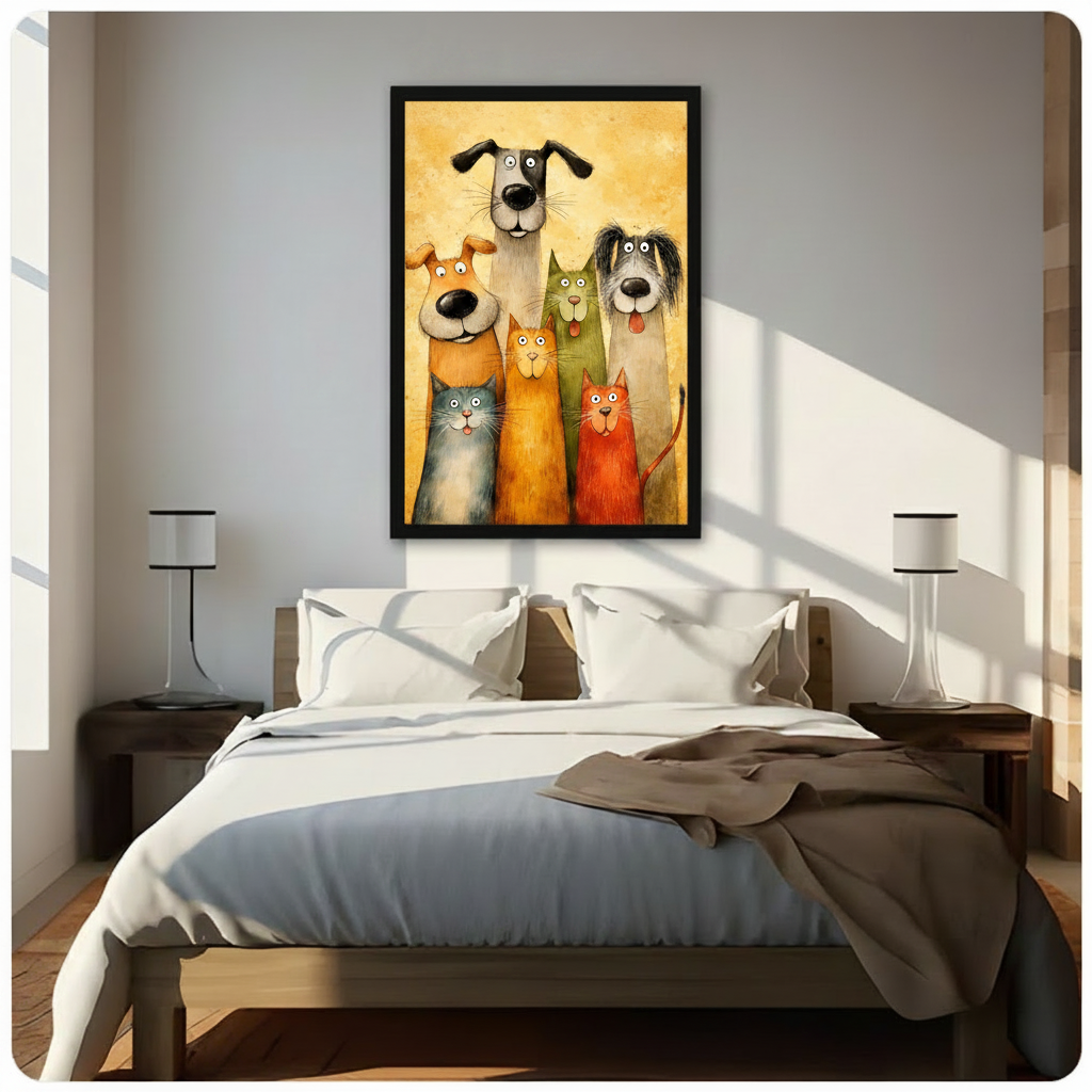 Funny Cats and Dogs Family Portrait Canvas Wall Art