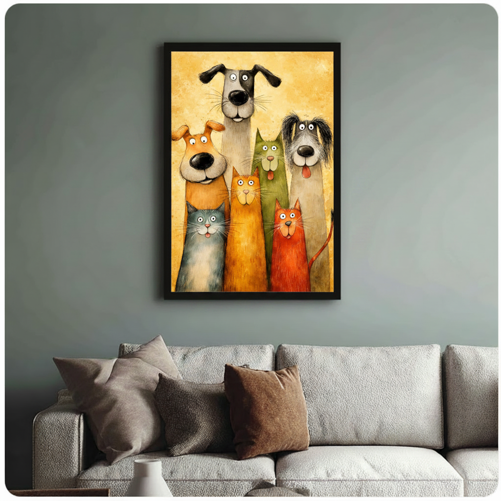 Funny Cats and Dogs Family Portrait Canvas Wall Art