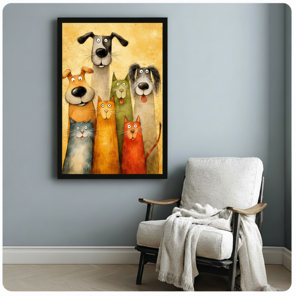Funny Cats and Dogs Family Portrait Canvas Wall Art