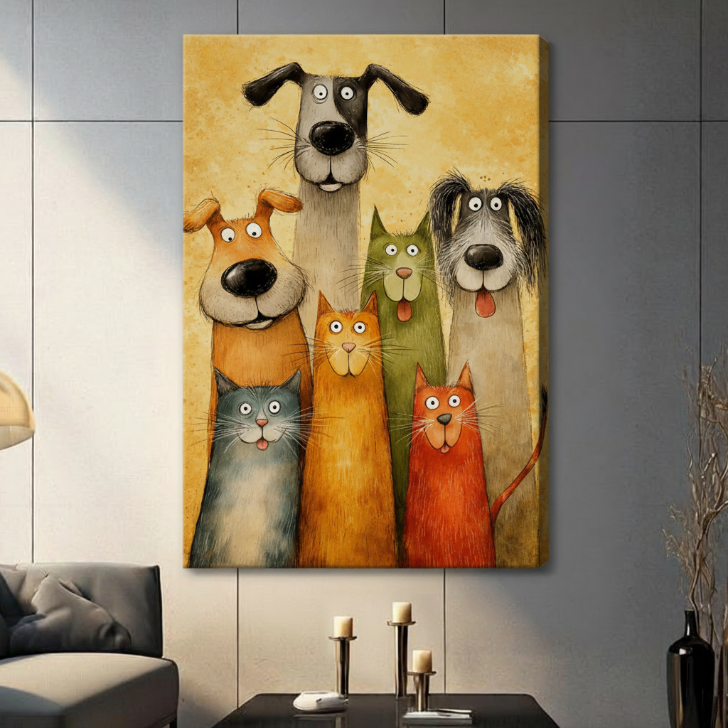 Funny Cats and Dogs Family Portrait Canvas Wall Art