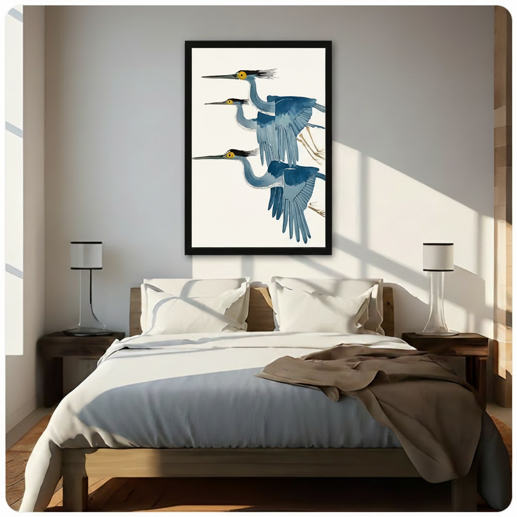 Three Blue Herons Flying Japanese Botanical Canvas Print