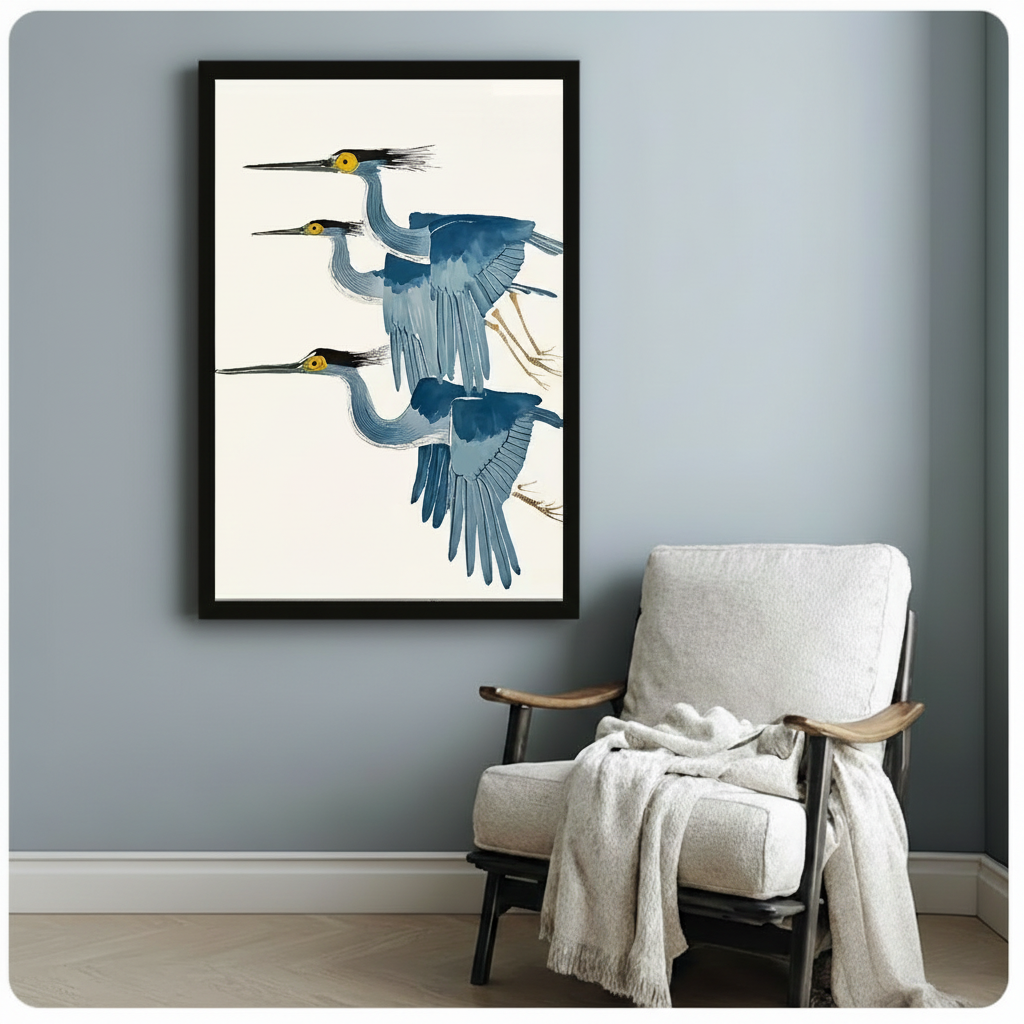Three Blue Herons Flying Japanese Botanical Canvas Print