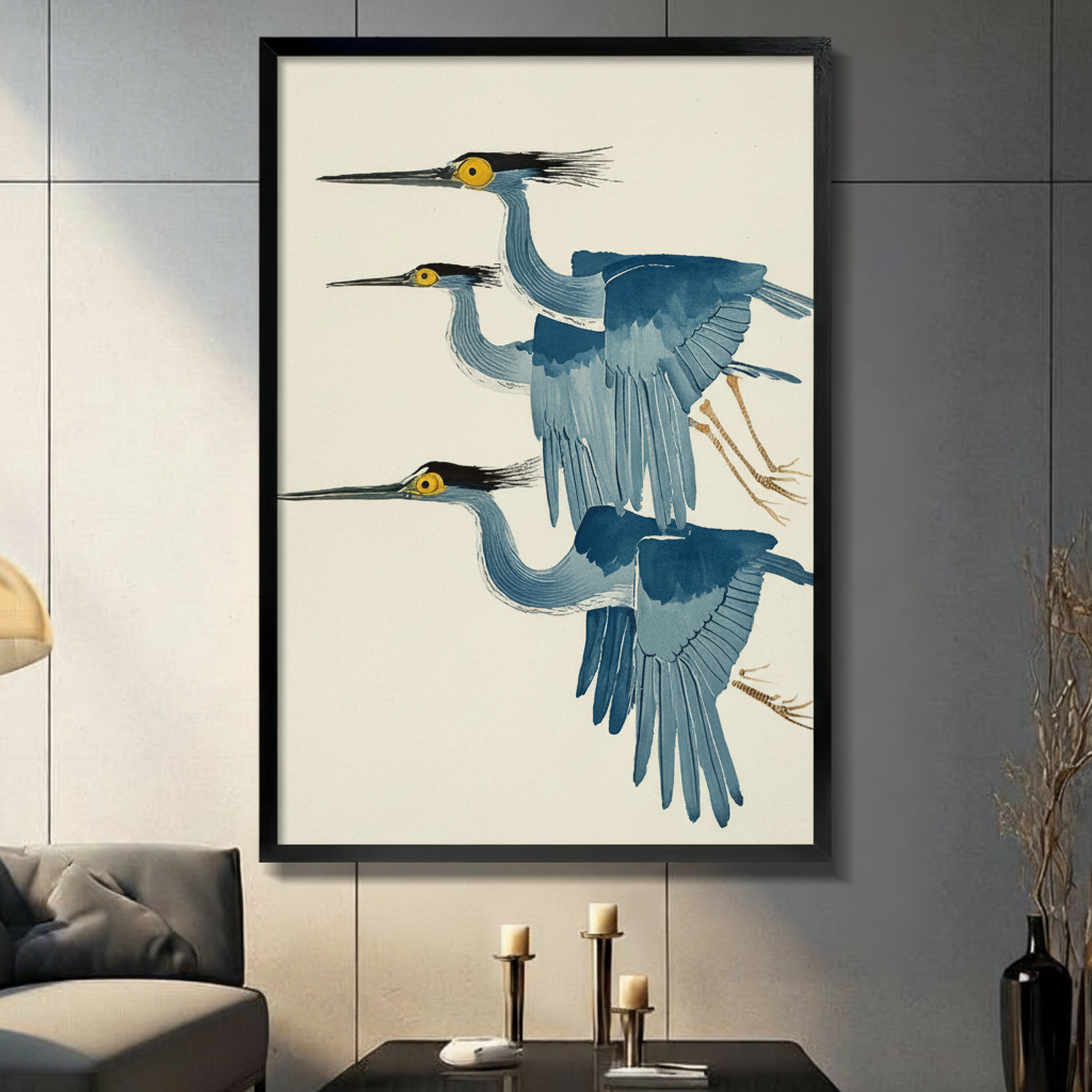 Three Blue Herons Flying Japanese Botanical Canvas Print