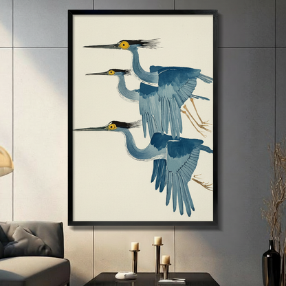 Three Blue Herons Flying Japanese Botanical Canvas Print
