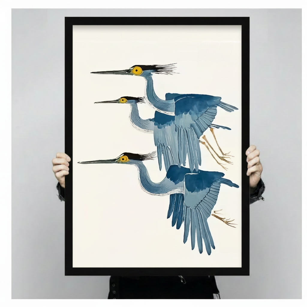 Three Blue Herons Flying Japanese Botanical Canvas Print
