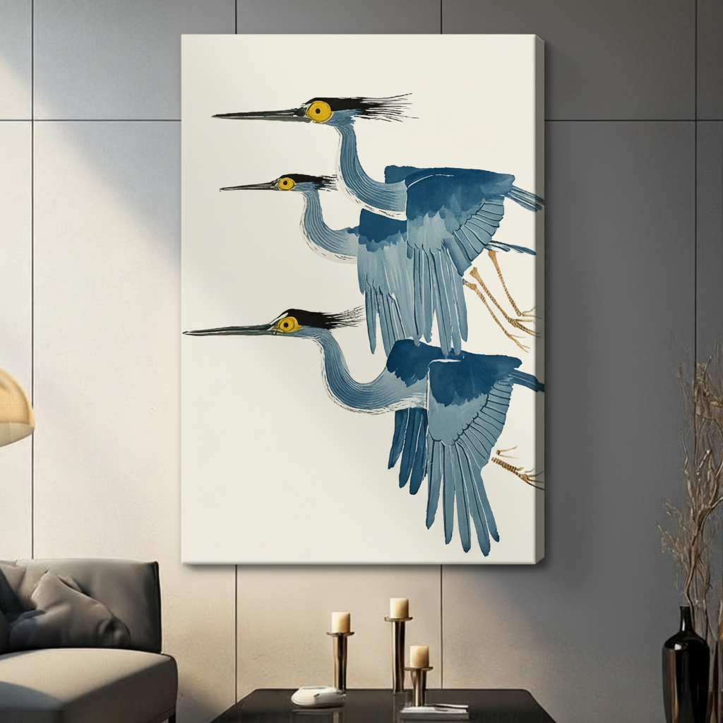 Three Blue Herons Flying Japanese Botanical Canvas Print