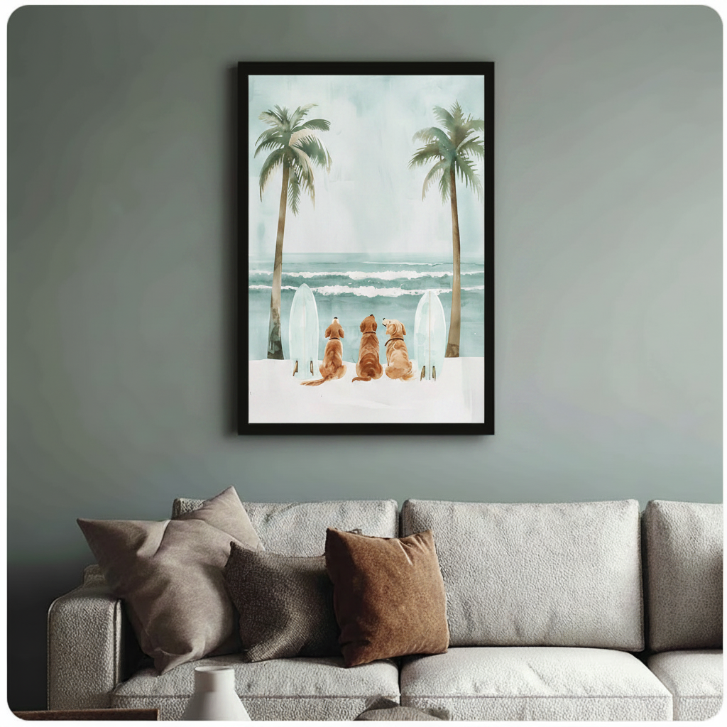Golden Retrievers Beach Surfboard Watercolor Canvas