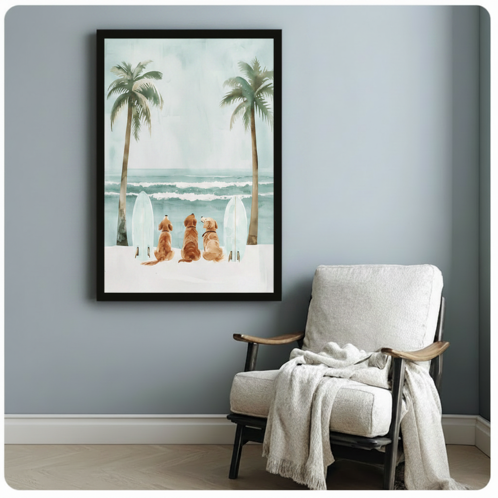 Golden Retrievers Beach Surfboard Watercolor Canvas
