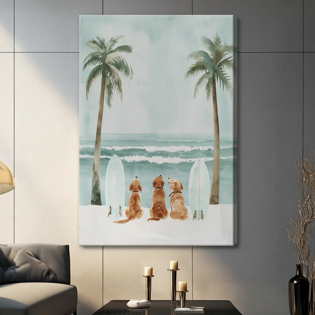 Golden Retrievers Beach Surfboard Watercolor Canvas