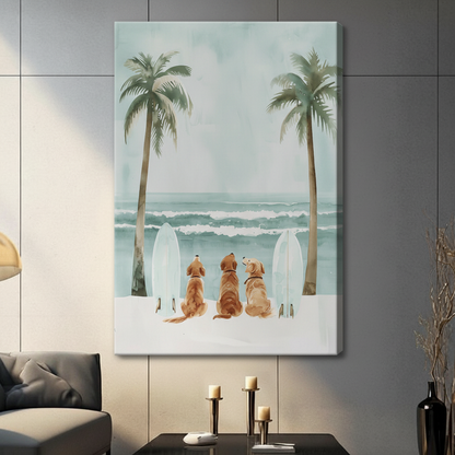 Golden Retrievers Beach Surfboard Watercolor Canvas