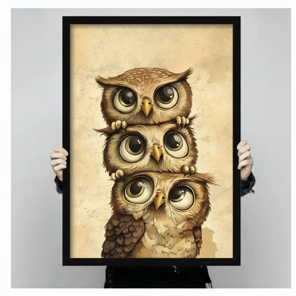 Cute Stacked Owls Vintage Canvas Wall Art