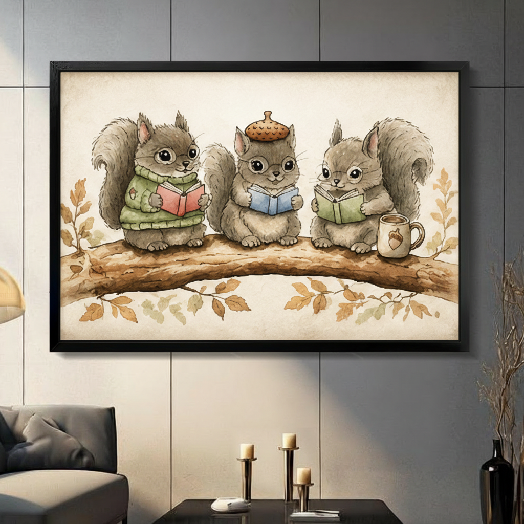 Reading Squirrels Cottagecore Canvas Wall Art